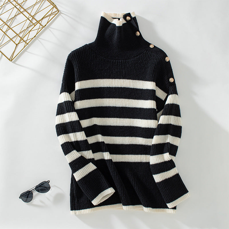 Damen Rollkragenpullover mit Knopfdetails und Streifendesign