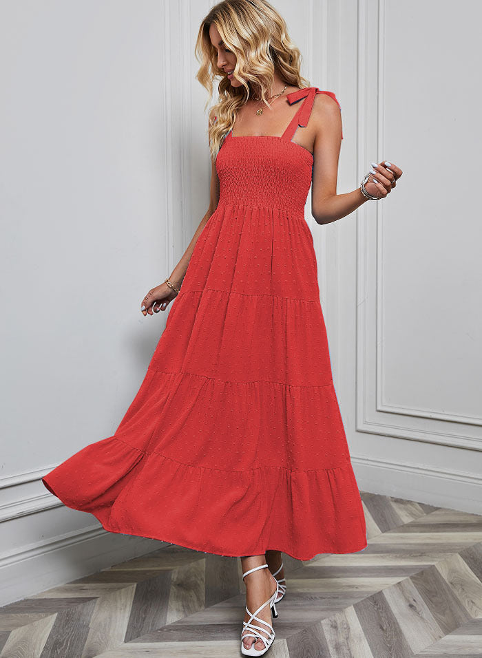 Damen Maxikleid im festlichen Boho-Stil mit schmalen Trägern und elastischem Oberteil R&B