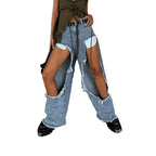 Damen stylisches geschnittenes Denim-Hosen-Set mit asymmetrischen Details R&B