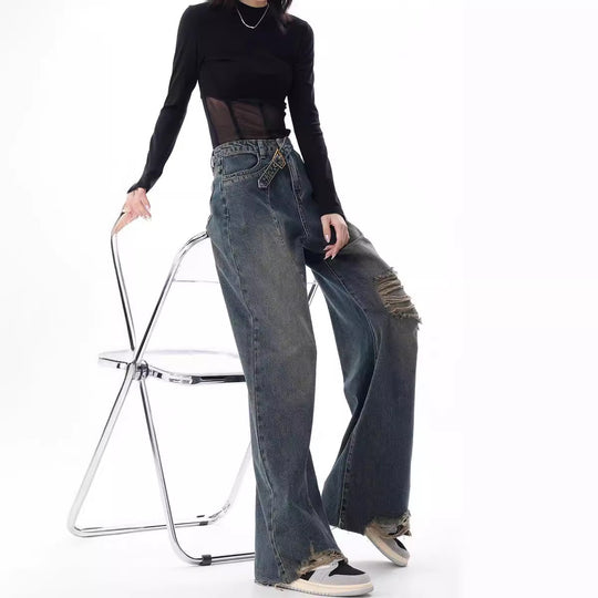 Damen Weite High-Waist Jeans im lässigen Used-Look mit modischen Rissen R&B