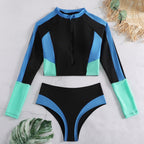 Damen Sportliches Langarm-Bikini-Set mit Zip und modischen Kontrastdetails R&B