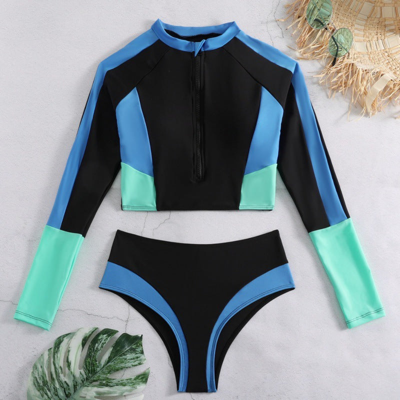 Damen Sportliches Langarm-Bikini-Set mit Zip und modischen Kontrastdetails R&B