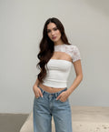 Damen Crop-Top mit Spitzenärmel und figurbetontem Schnitt R&B