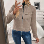 Damen modische Kurzjacke aus hochwertigem Kunstleder mit praktischen Taschen R&B