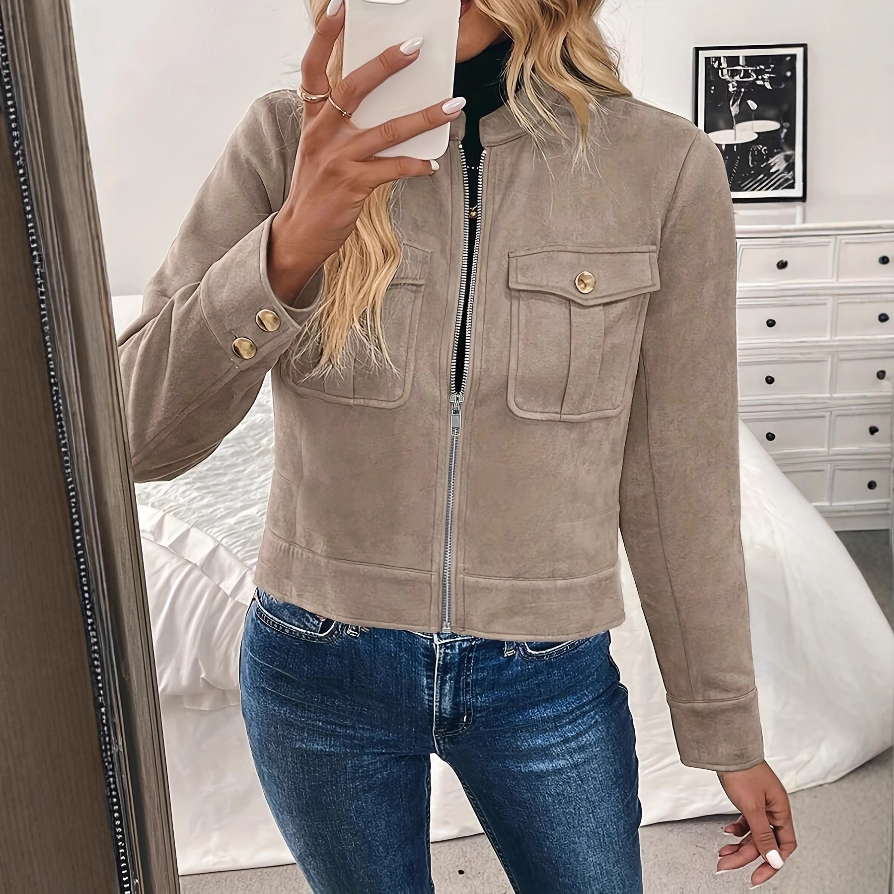 Damen modische Kurzjacke aus hochwertigem Kunstleder mit praktischen Taschen R&B