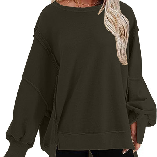 Damen lässiger Sweatshirt mit Ballonärmeln und seitlichen Schlitzen R&B