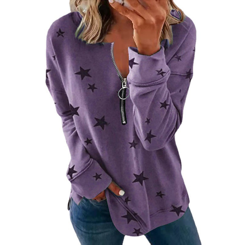 Damen Kapuzensweatshirt mit Reißverschluss und Sternenmuster R&B