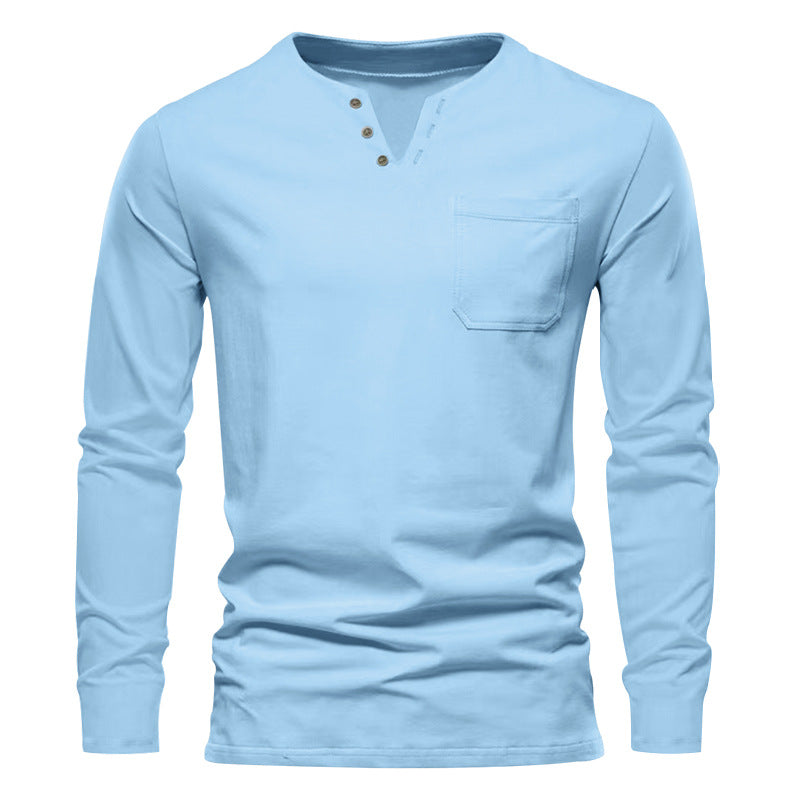 Herren Langarm-Henley-Shirt mit praktischer Brusttasche und modischem Knopfdesign R&B