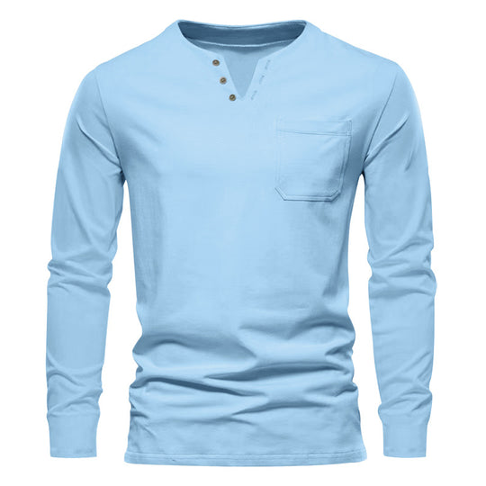 Herren Langarm-Henley-Shirt mit praktischer Brusttasche und modischem Knopfdesign R&B