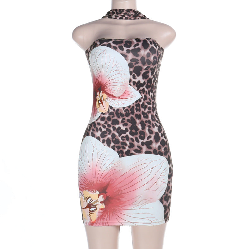 Damen figurbetontes Minikleid mit floralem Leopardenmuster und schulterfreiem Design R&B