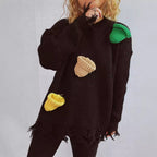 Damen lässiger Oversize-Pullover mit fransigen Details und bunten Applikationen R&B