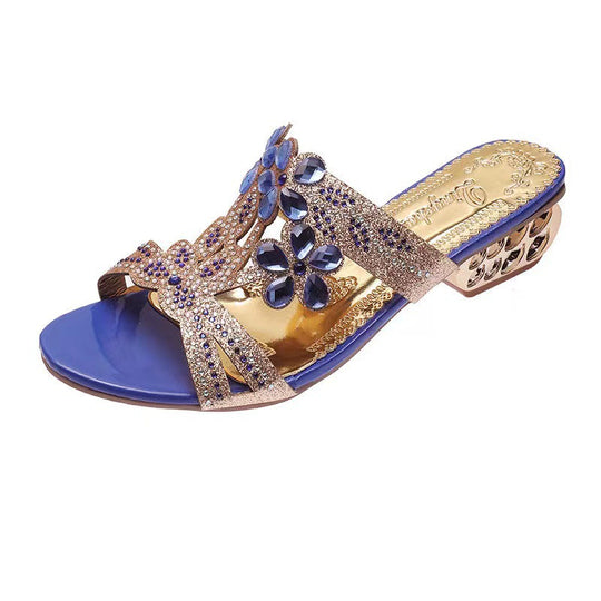 Damen nan verzierte Riemchensandalen mit mittelhohem geometrischem Blockabsatz und Kristallblumen R&B