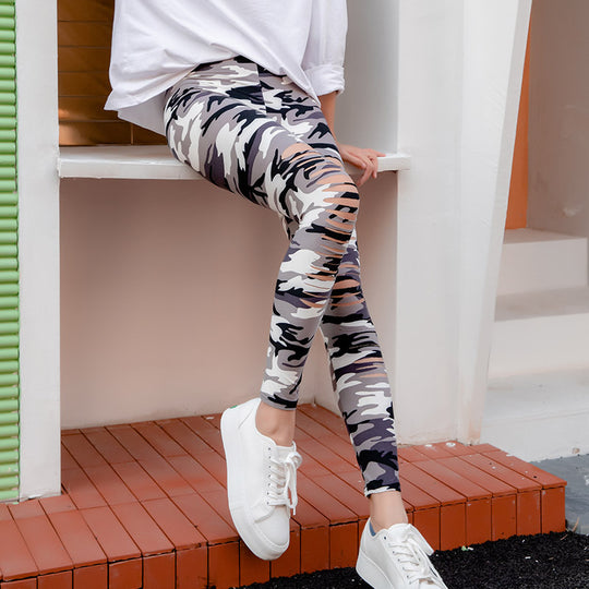 Damen Sport-Leggings mit Camouflage-Muster und Schnitt-Details R&B