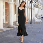 Damen elegantes Maxikleid mit raffinierter Rüschendetails und tiefem Schlitz R&B