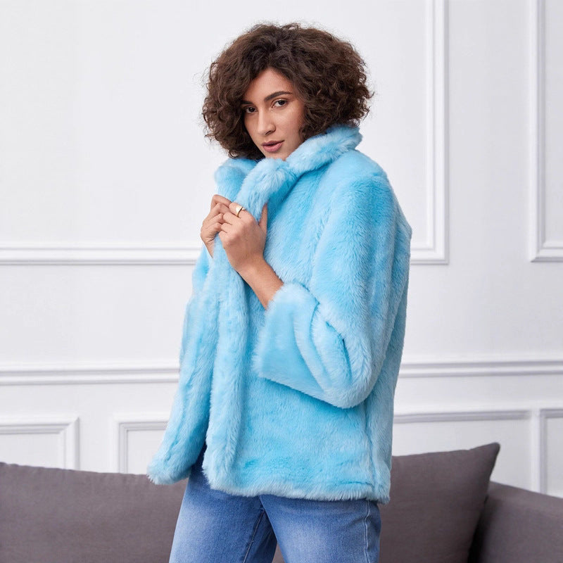 Damen Fluffige Kunstpelzjacke mit großzügigem Kragen und bequemen Ärmeln R&B