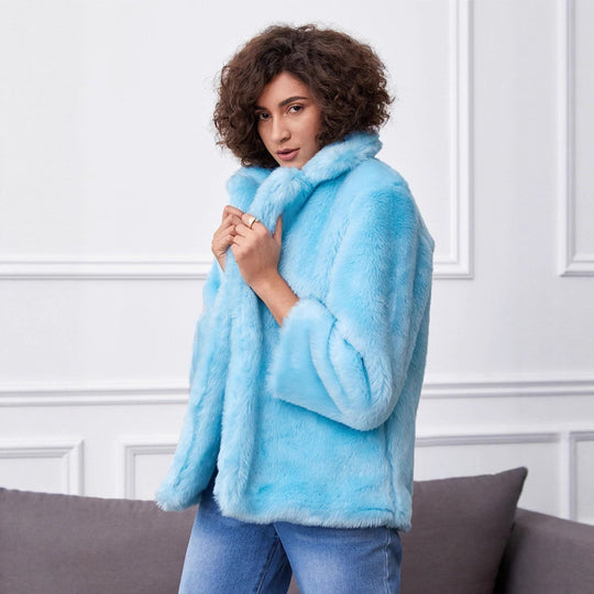 Damen Fluffige Kunstpelzjacke mit großzügigem Kragen und bequemen Ärmeln R&B