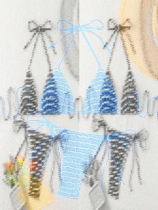 Damen Triangel-Bikini mit feinem Streifenmuster und raffinierten Bindebändern R&B
