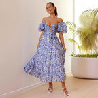 Damen Maxikleid mit voluminösen Puffärmeln und floralem Muster