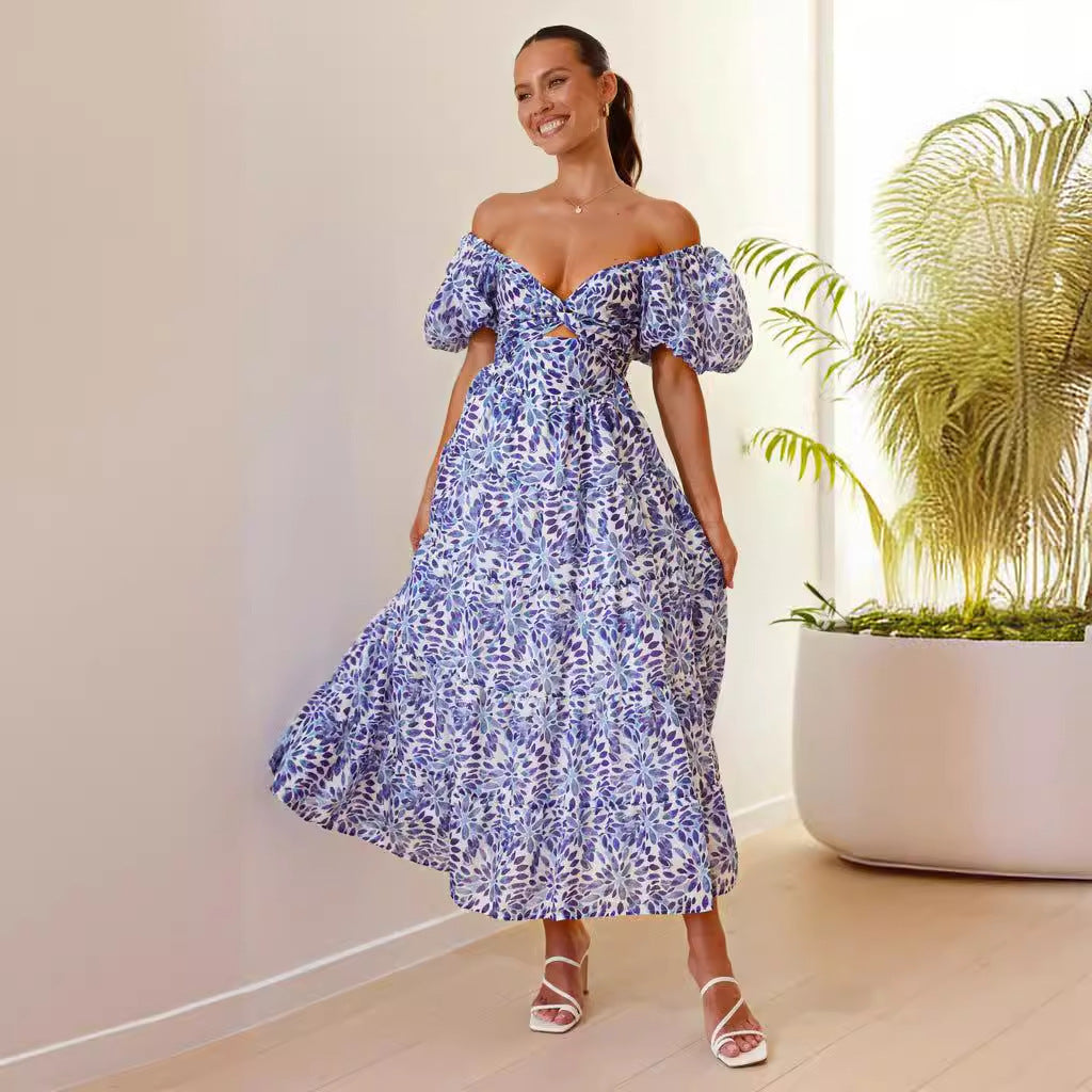 Damen Maxikleid mit voluminösen Puffärmeln und floralem Muster