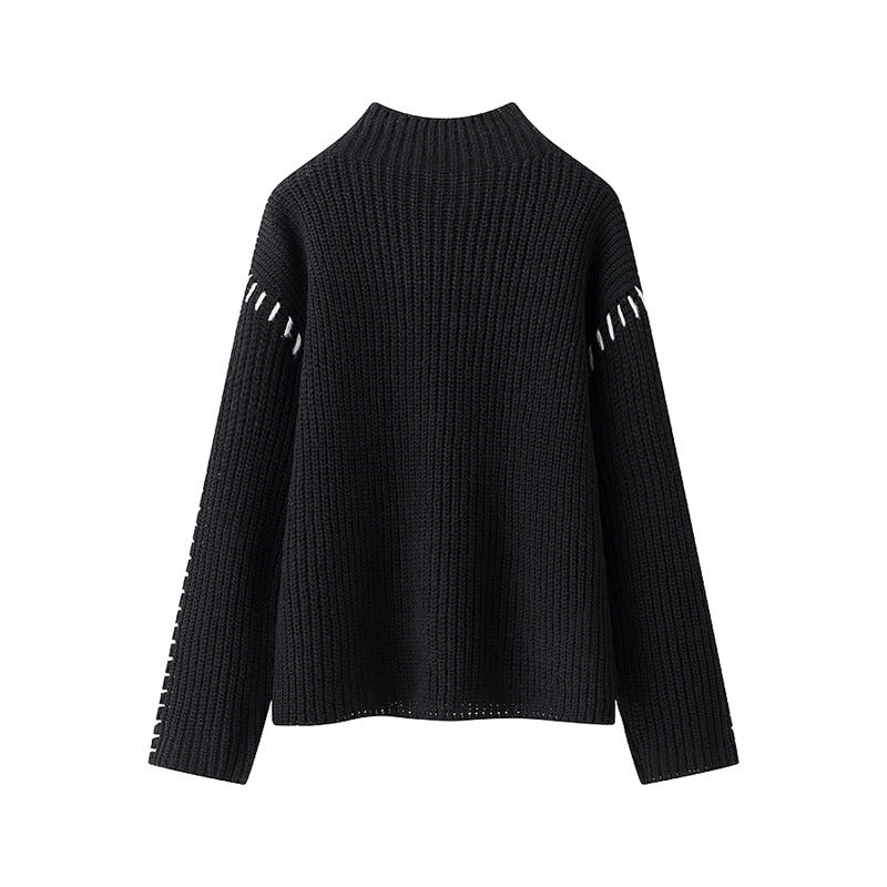 Damen Grobstrickpullover mit hohem Kragen und dekorativen Details R&B