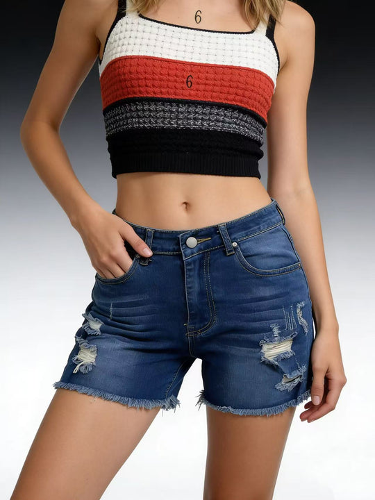 Damen Destroyed Denim-Shorts mit lässigem Schnitt und ausgefranster Kante R&B