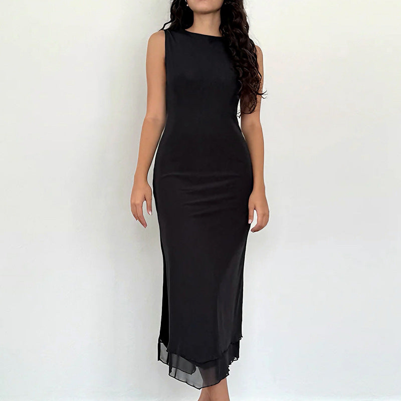 Damen zeitloses Maxikleid mit transparentem Saum R&B
