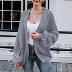 Damen Grobstrick-Cardigan mit voluminösen Puffärmeln und strukturierter Oberfläche R&B