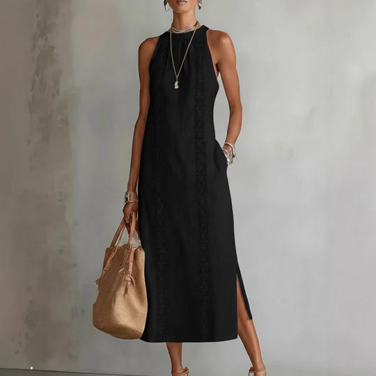 Damen Elegantes Sommer-Maxi-Kleid mit Spitzenapplikation und seitlichem Schlitz Heidi-Mode