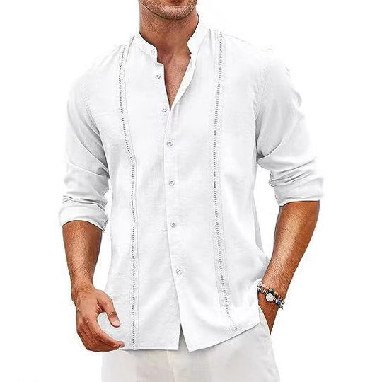 Herren Leinenhemd mit Stehkragen und feinen Details R&B