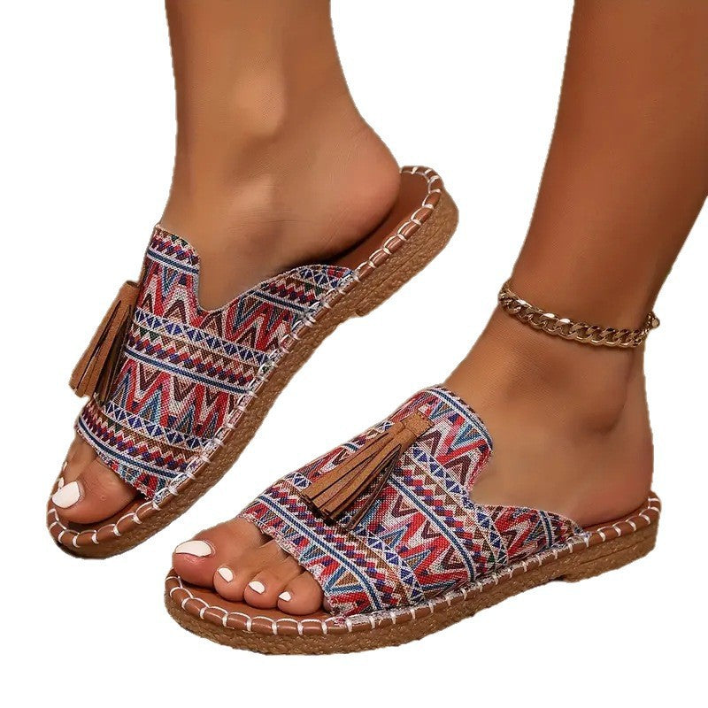 Damen Bequeme Zehensteg-Pantoletten mit buntem Muster und eleganter Quaste R&B