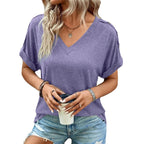 Damen V-Ausschnitt T-Shirt mit abgerollten Ärmeln und modischen Knopfdetails R&B