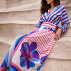 Damen Elegantes Maxikleid mit floralem Design und Streifen