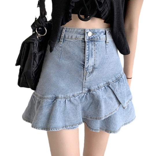 Damen Jeansrock mit voluminösem Rüschensaum und knopfbarem Bund R&B