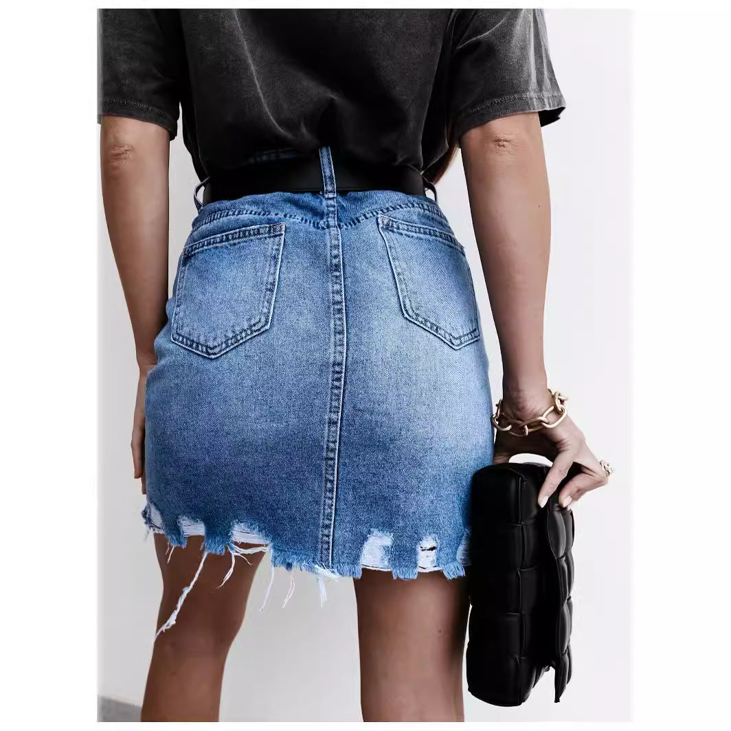 Damen Jeansrock mit fransigem Saum und hohem Sitz R&B
