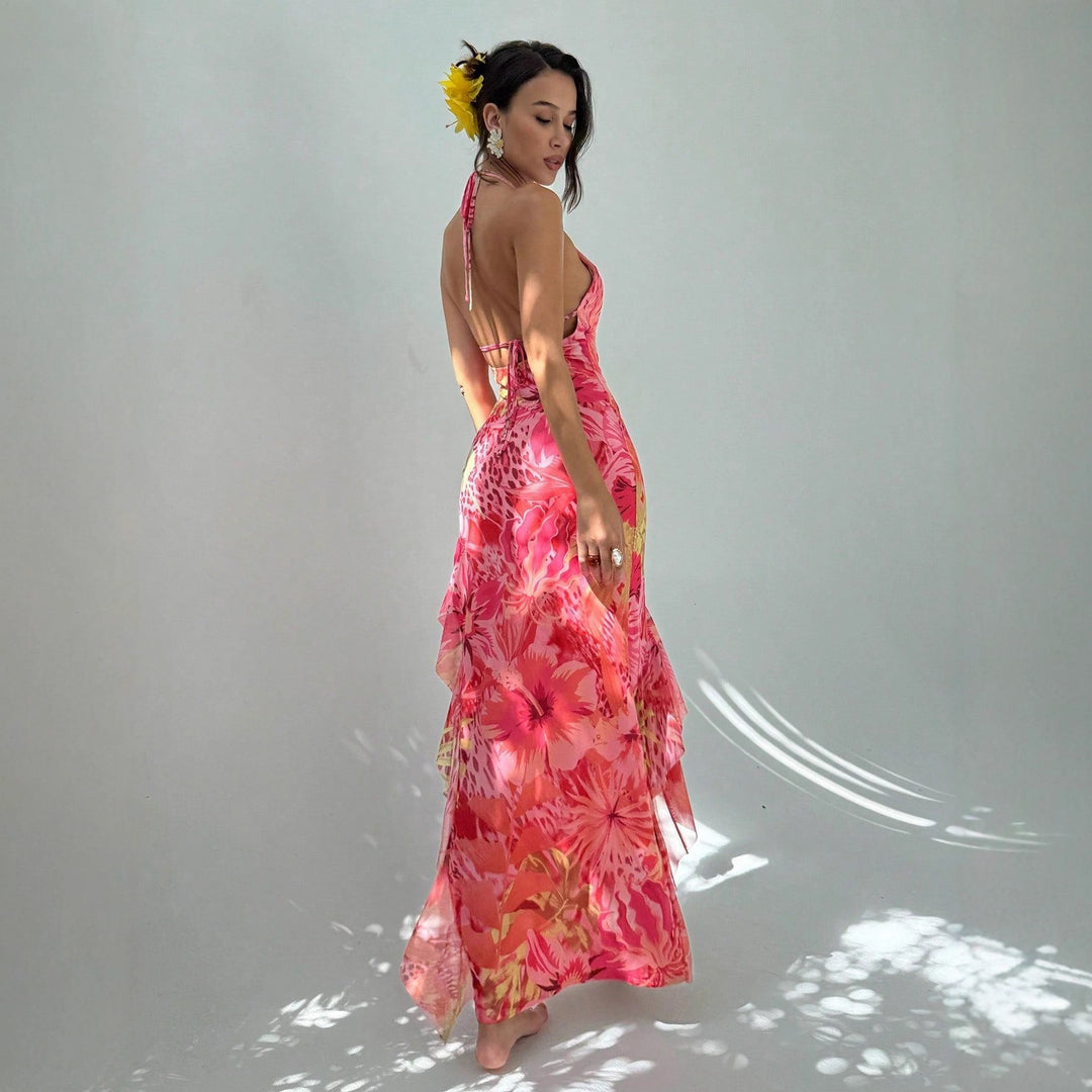 Damen Maxikleid mit elegantem Cut-Out-Design und floralen Akzenten R&B