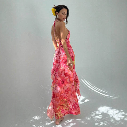 Damen Maxikleid mit elegantem Cut-Out-Design und floralen Akzenten R&B