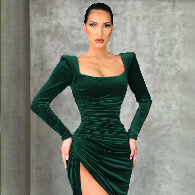 Damen elegantes Raffungskleid mit tiefem Schlitz und Puffärmeln R&B