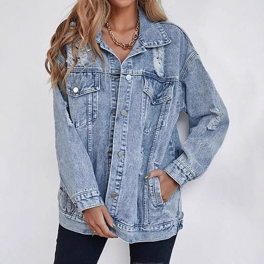 Damen lässige Oversized Jeansjacke mit distressed Details und hochwertigen Metallknöpfen R&B