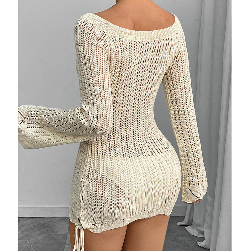 Damen Strickkleid im modernen Off-Shoulder Design mit weiten Ärmeln und Raffungen R&B