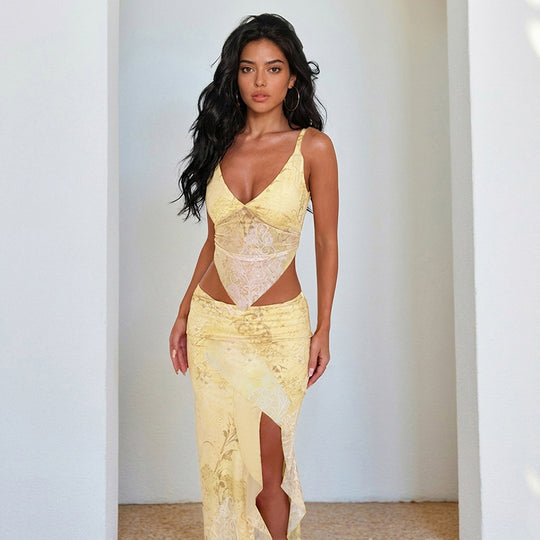 Damen elegantes Wickelkleid mit transparenten Einsätzen und hohem Beinschlitz R&B