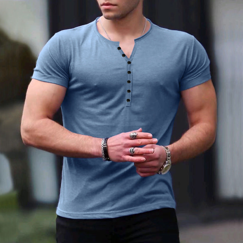 Herren Kurzarm-Henley-T-Shirt mit Knopfleiste und weichem Baumwollmaterial R&B