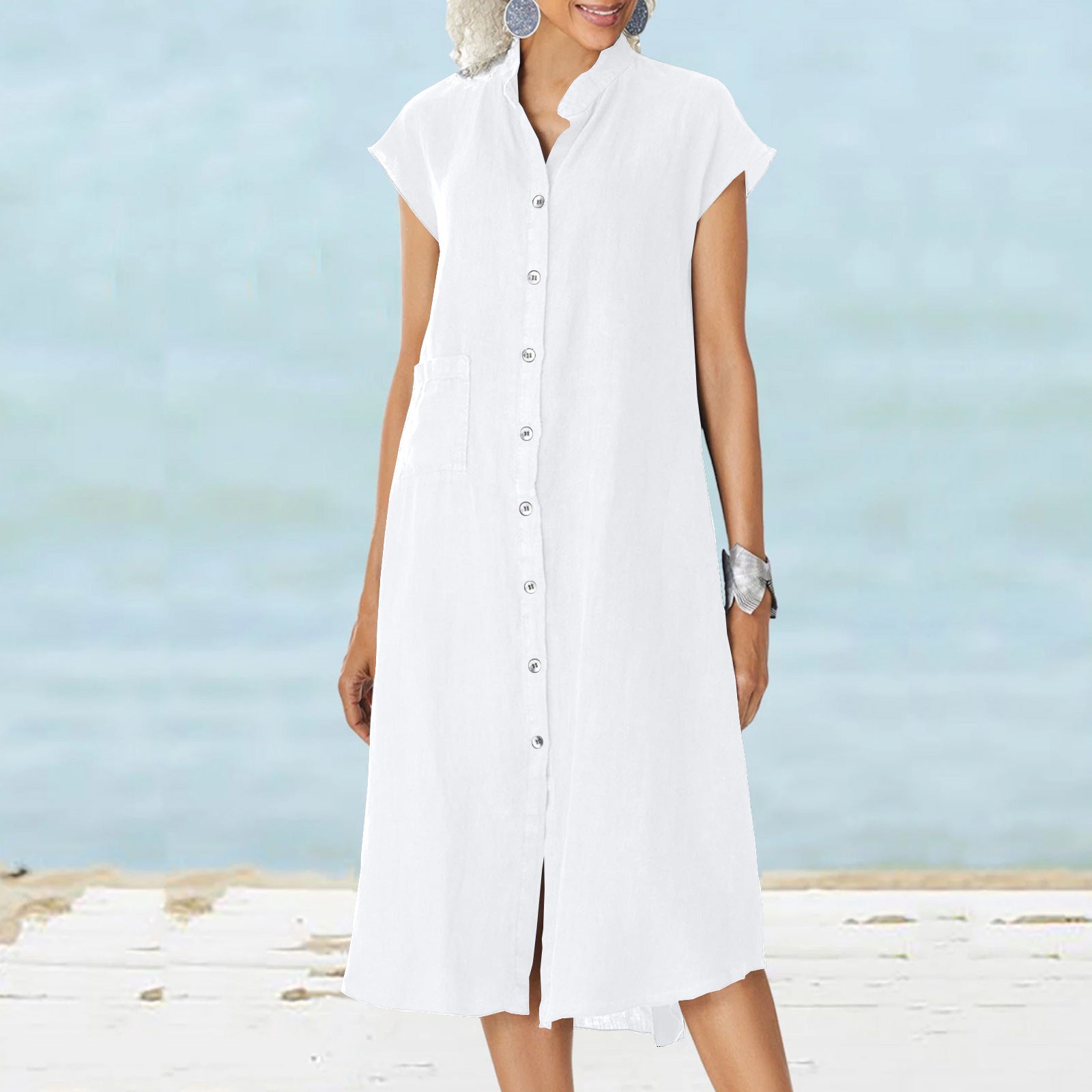 Damen lässiges Midi-Hemdkleid aus Leinen mit Knopfleiste und seitlichen Taschen R&B