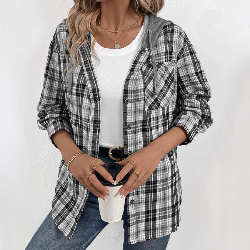 Damen lässige Flanellhemdjacke mit Kapuze und Karomuster R&B