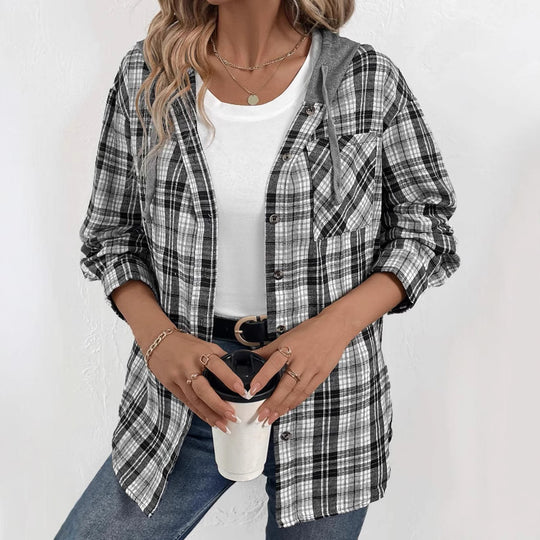 Damen lässige Flanellhemdjacke mit Kapuze und Karomuster R&B