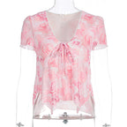 Damen Bluse mit romantischem Rosenmuster und zartem Bindegürtel R&B