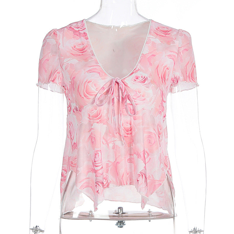 Damen Bluse mit romantischem Rosenmuster und zartem Bindegürtel R&B