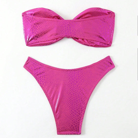 Damen Bandeau-Bikini mit hochglänzendem Schlangenmuster R&B