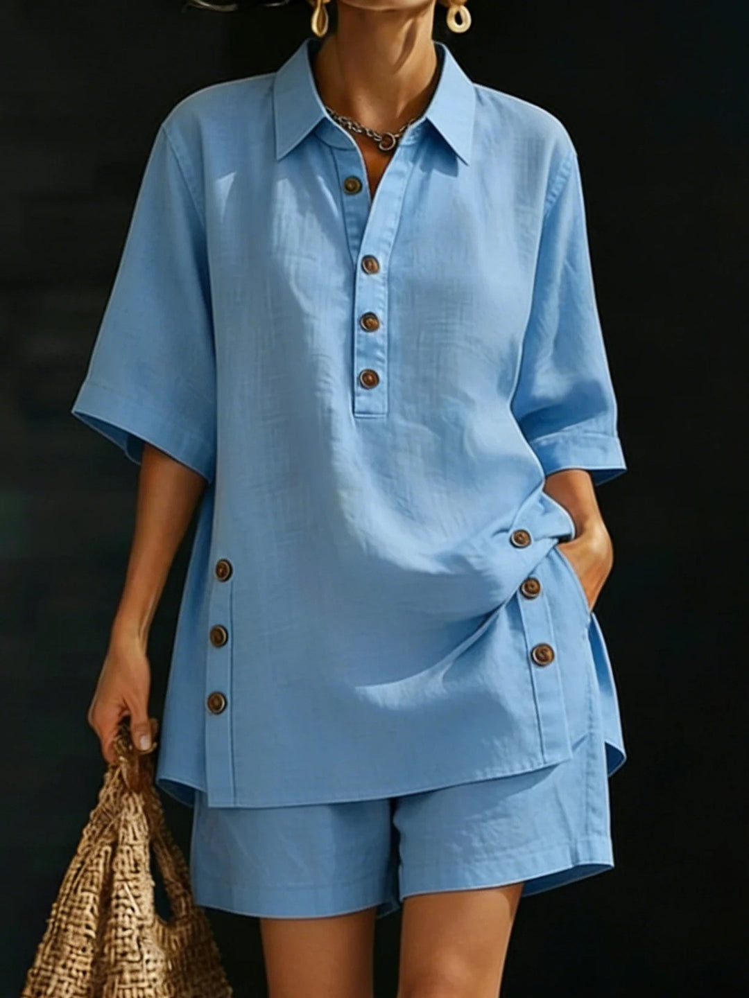 Damen nan luftiges Leinenoptik-Zweiteiler mit Oversize-Hemdbluse, Knopfleiste und Bermuda-Shorts R&B