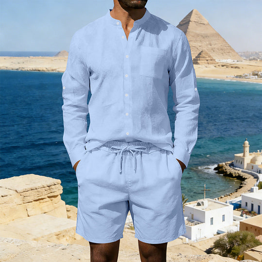 Herren nan sommerliches Leinen-Set mit Stehkragenhemd und Kordelzug-Kurzhose R&B