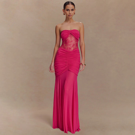 Damen Strapless Maxikleid mit raffinierten Drapierungen und Spitzen-Mix R&B